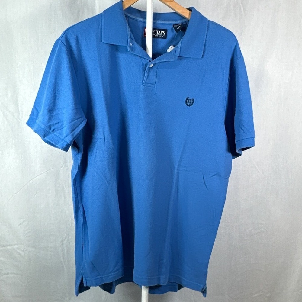 Chaps Mens Blue Cotton Pique Short Sleeve Crest Logo Polo Shirt Size Large